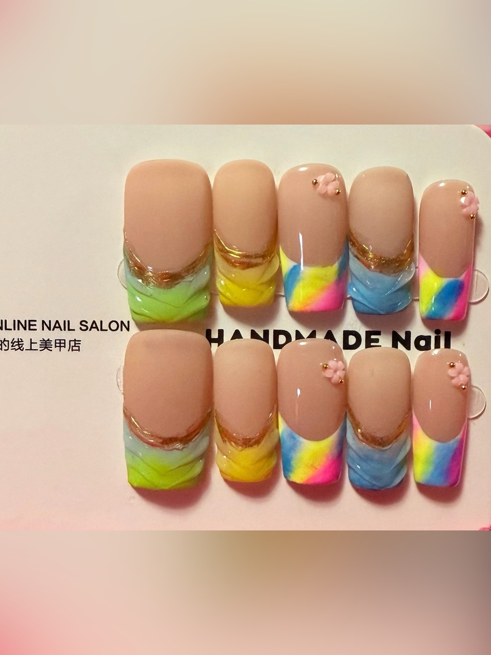 Handmade Neutral Pink Press-On Nails with Multicolor Tips
